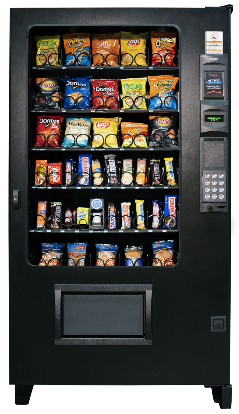 Vending machine filled with various snacks and beverages.